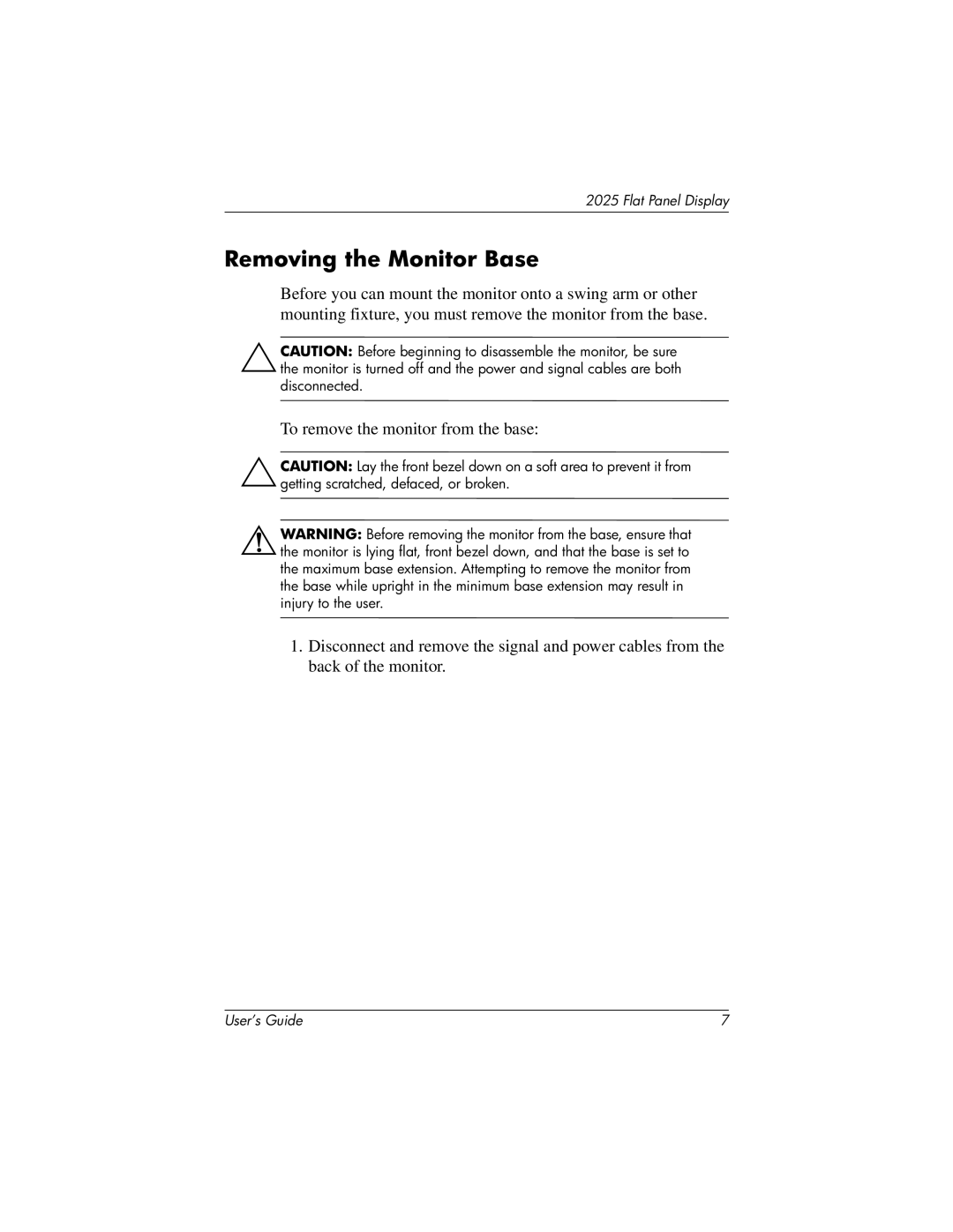 HP TFT 2025 manual Removing the Monitor Base 