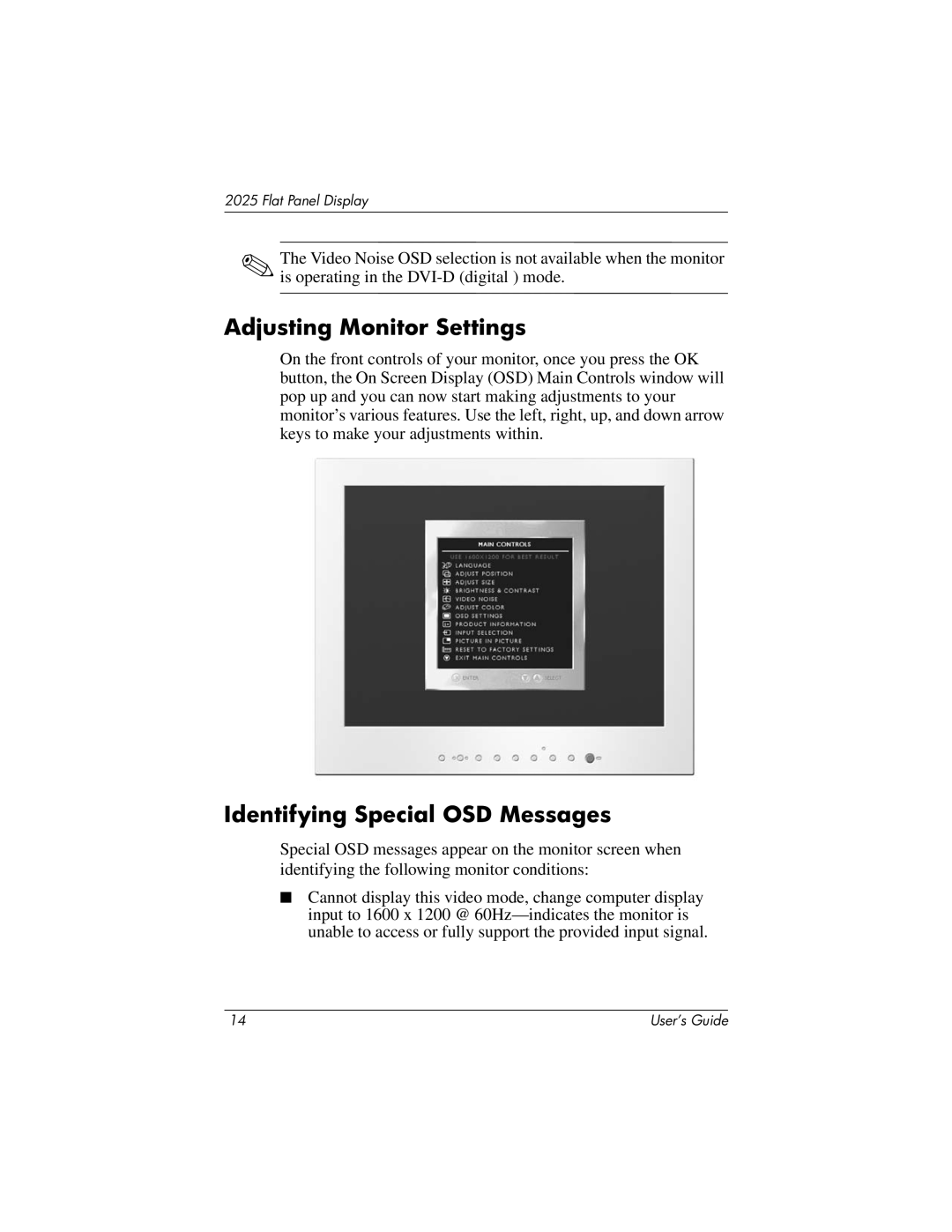 HP TFT 2025 manual Adjusting Monitor Settings, Identifying Special OSD Messages 