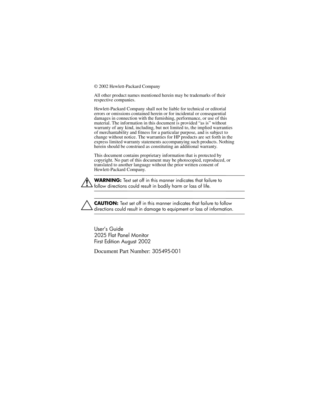 HP TFT 2025 manual Document Part Number 