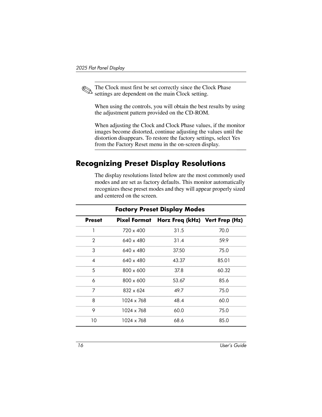 HP TFT 2025 manual Recognizing Preset Display Resolutions, Factory Preset Display Modes 