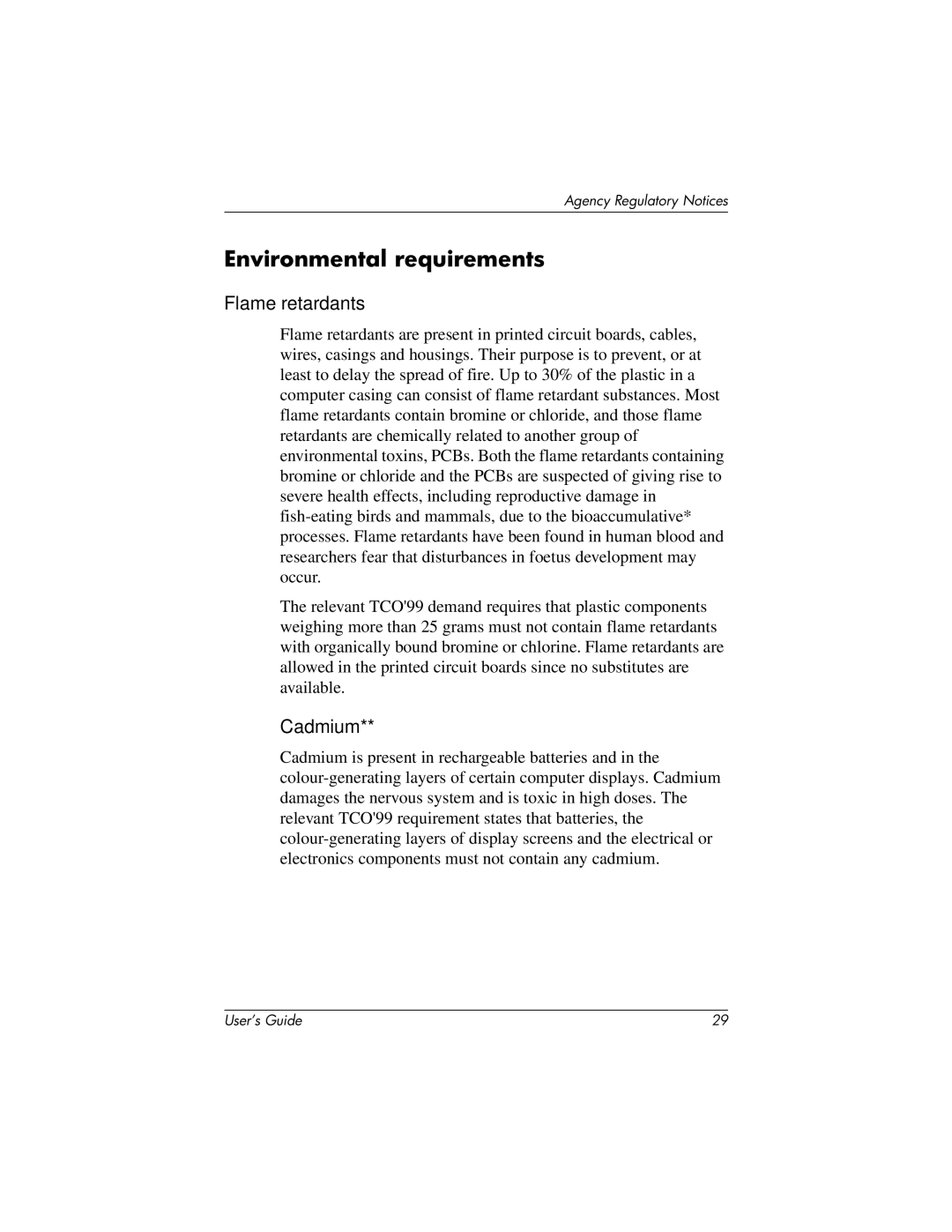 HP TFT 2025 manual Environmental requirements, Flame retardants 