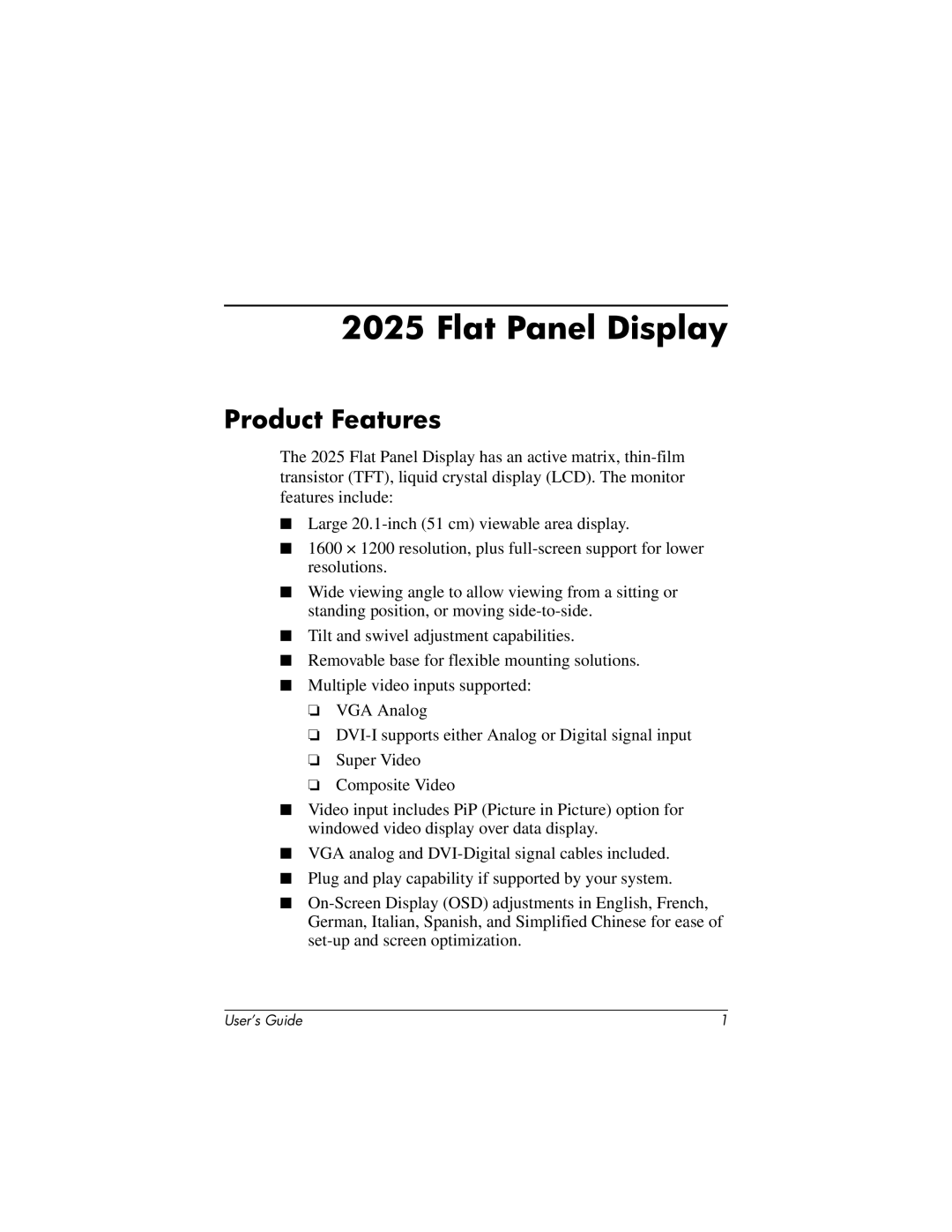 HP TFT 2025 manual Flat Panel Display, Product Features 