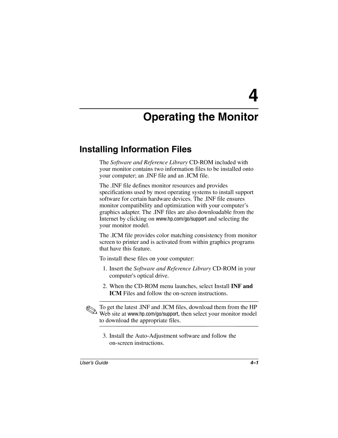 HP TFT1701 manual Operating the Monitor, Installing Information Files 