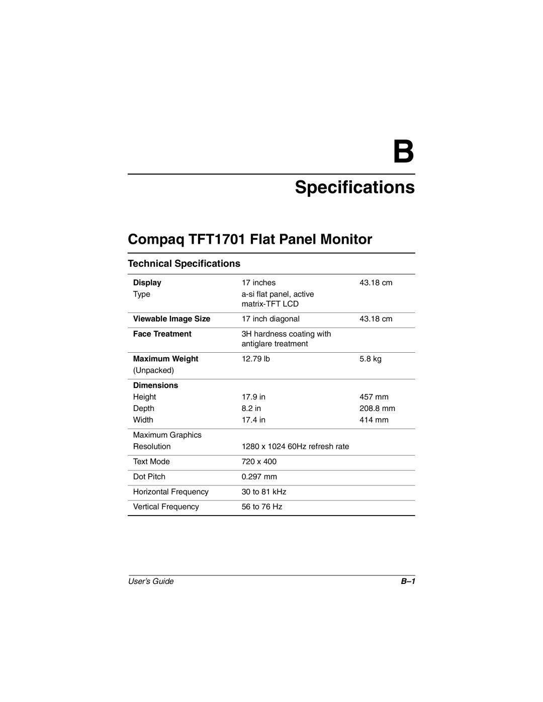 HP manual Specifications, Compaq TFT1701 Flat Panel Monitor 