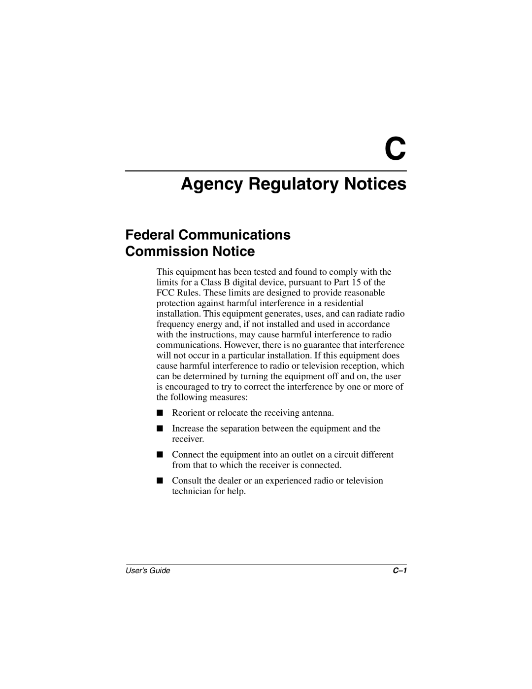 HP TFT1701 manual Agency Regulatory Notices, Federal Communications Commission Notice 