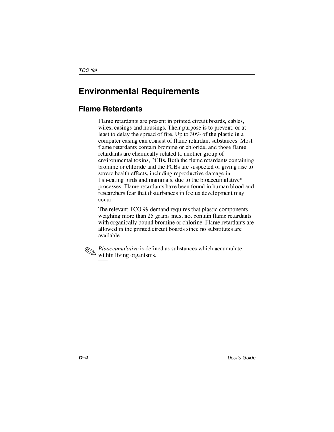 HP TFT1701 manual Environmental Requirements, Flame Retardants 