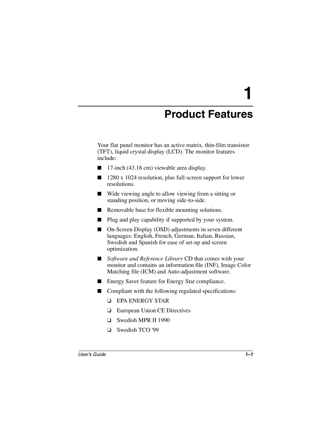 HP TFT1701 manual Product Features 