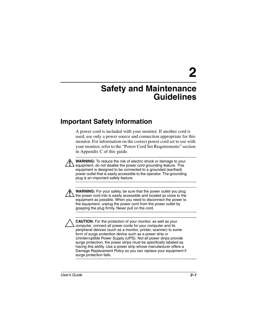 HP TFT1701 manual Safety and Maintenance Guidelines, Important Safety Information 