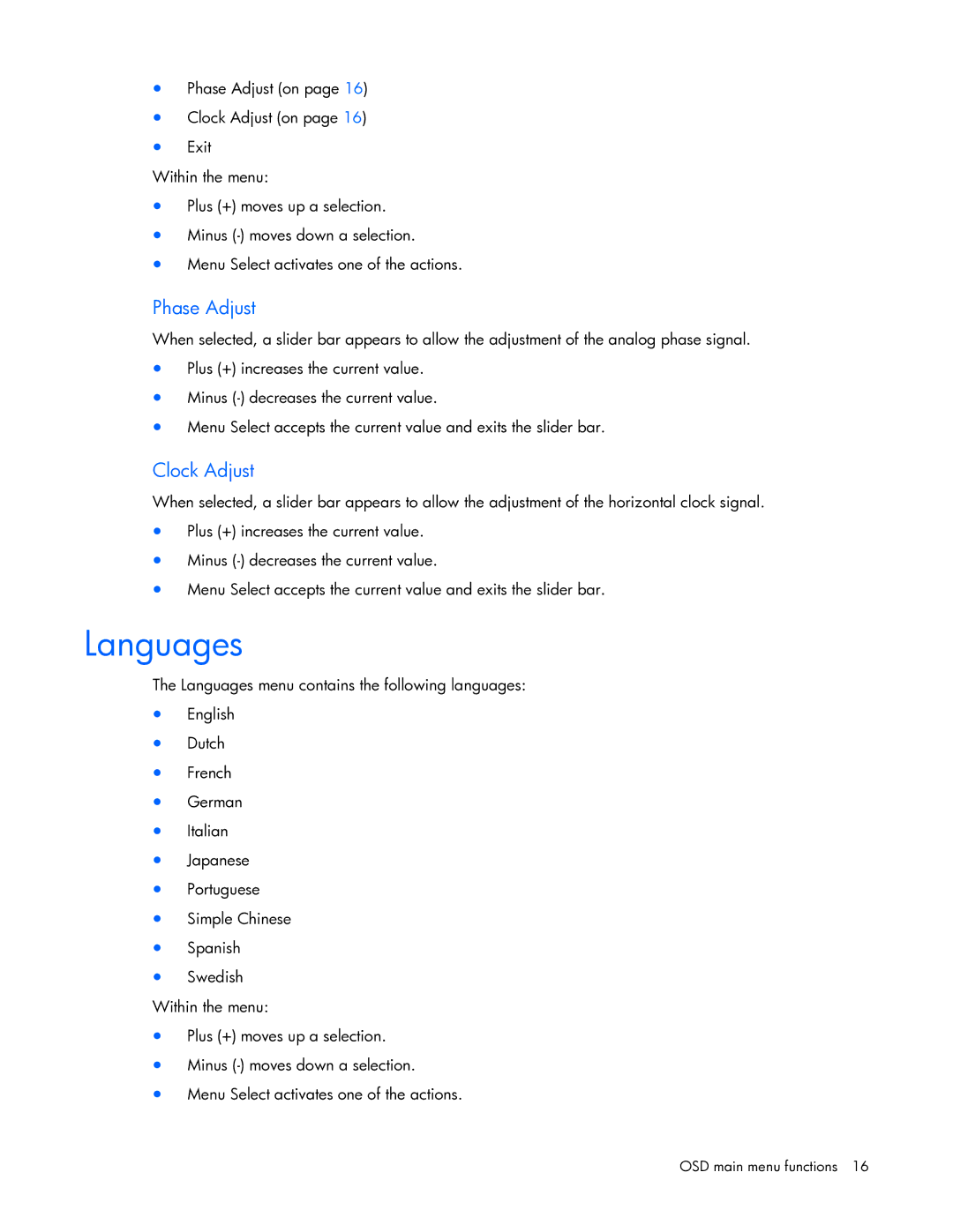 HP TFT7210R manual Languages, Phase Adjust 