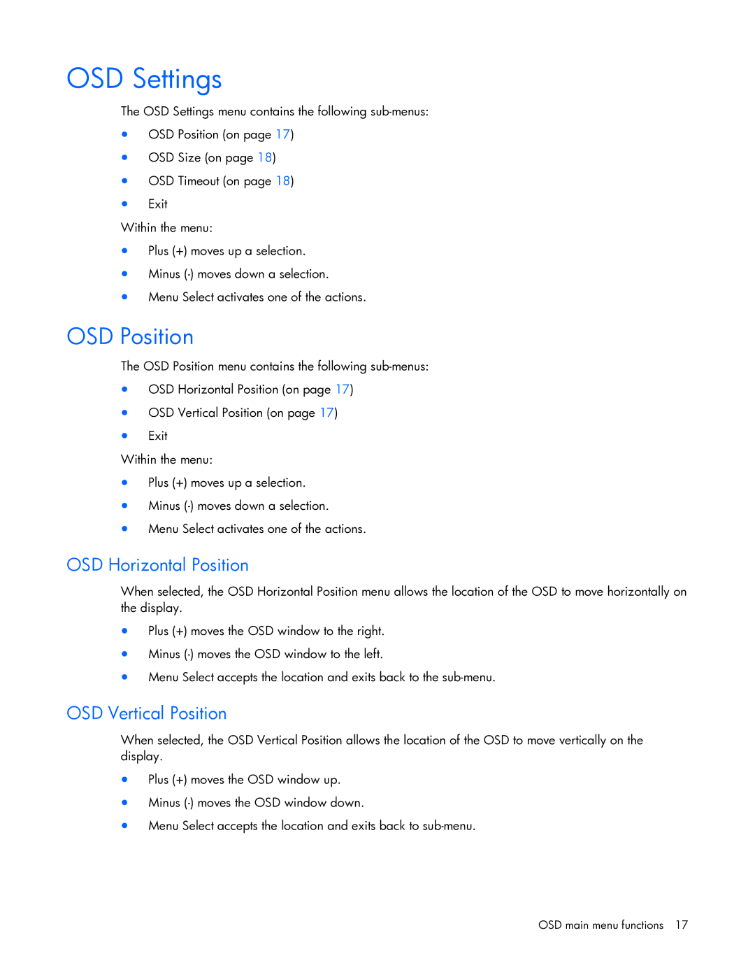 HP TFT7210R manual OSD Settings, OSD Position 