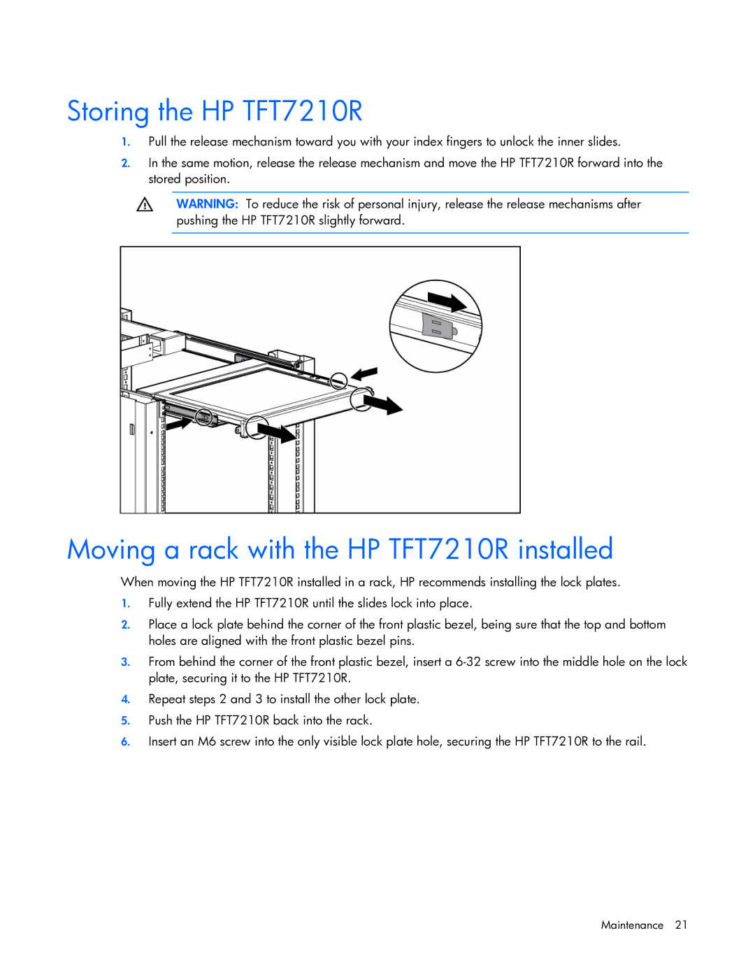 HP manual Storing the HP TFT7210R, Moving a rack with the HP TFT7210R installed 