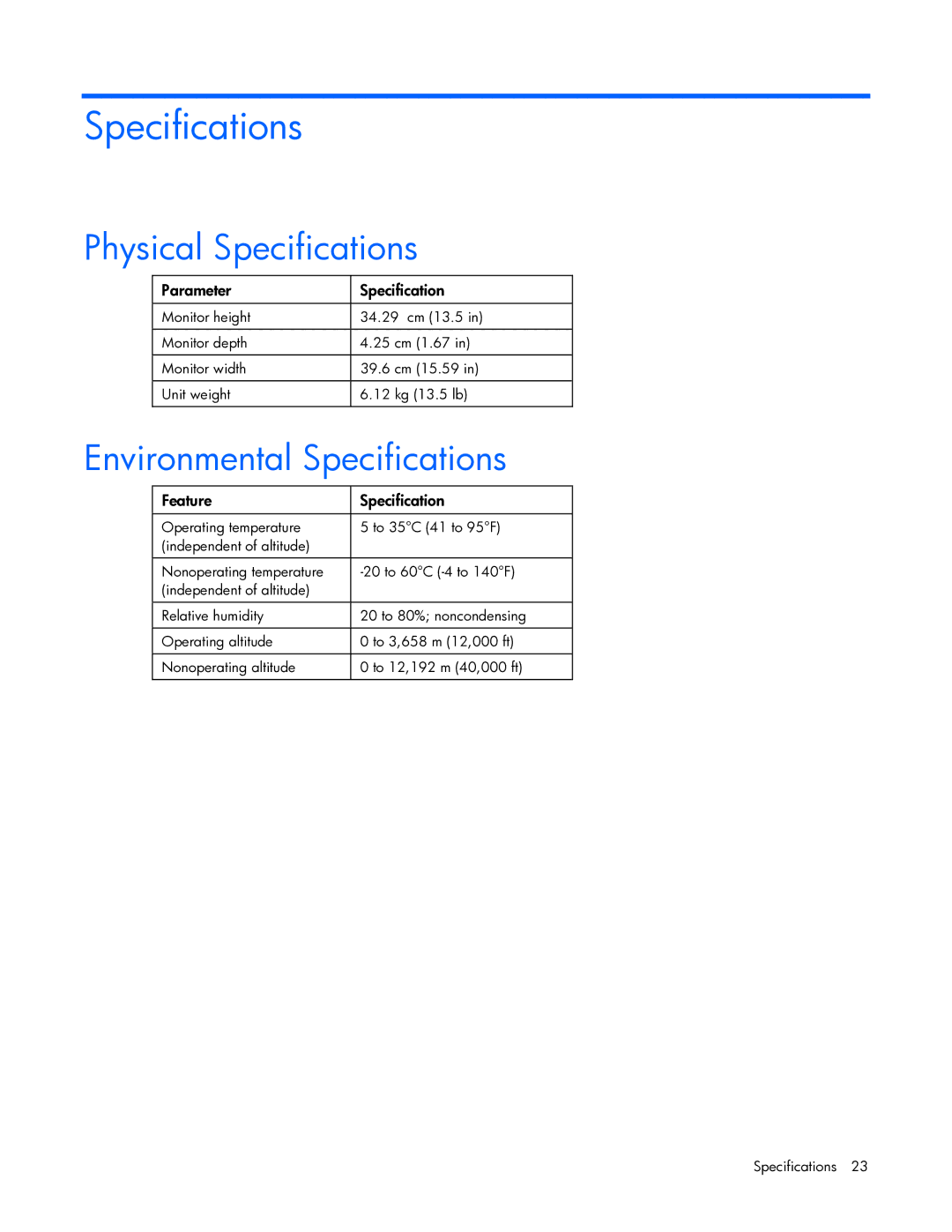 HP TFT7210R manual Physical Specifications, Environmental Specifications 