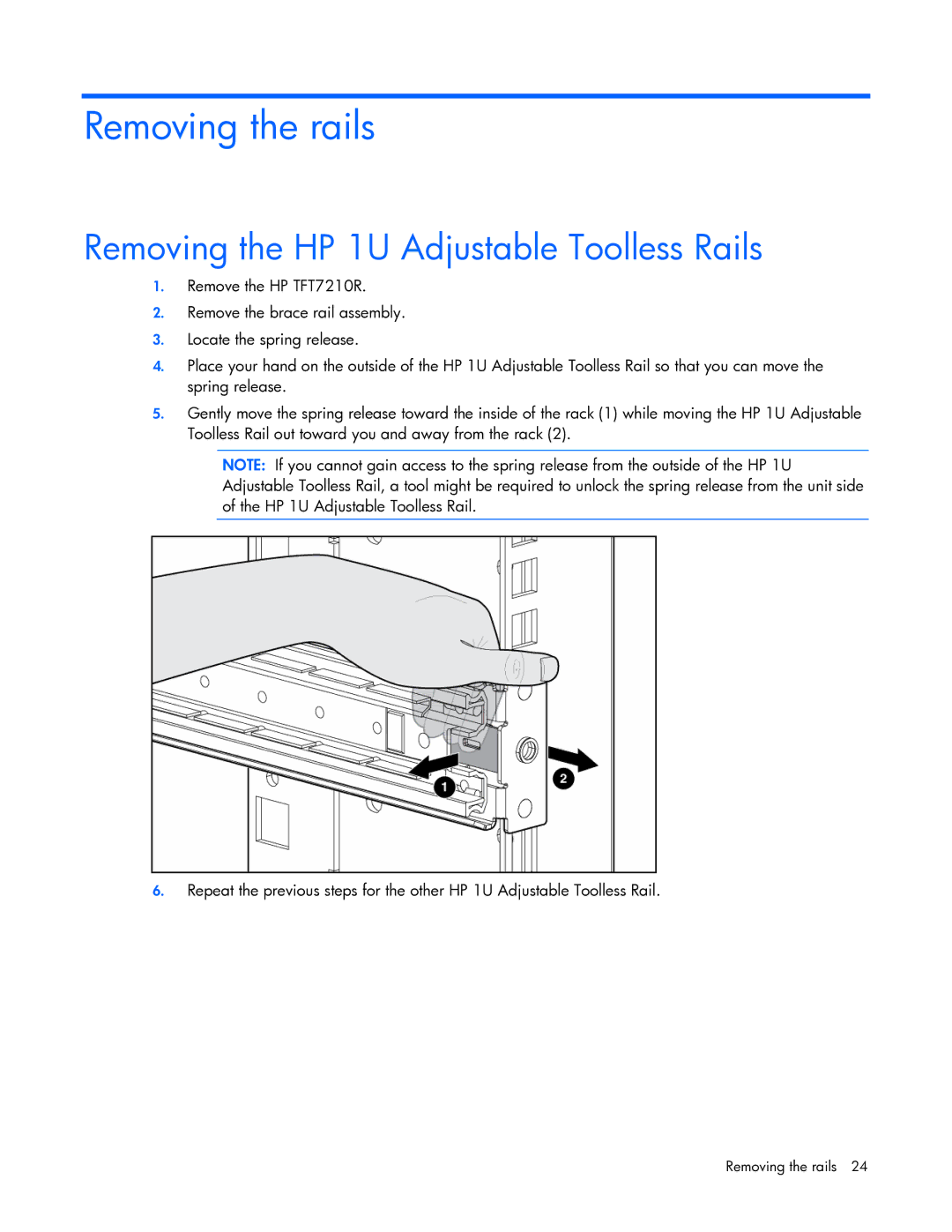 HP TFT7210R manual Removing the rails, Removing the HP 1U Adjustable Toolless Rails 