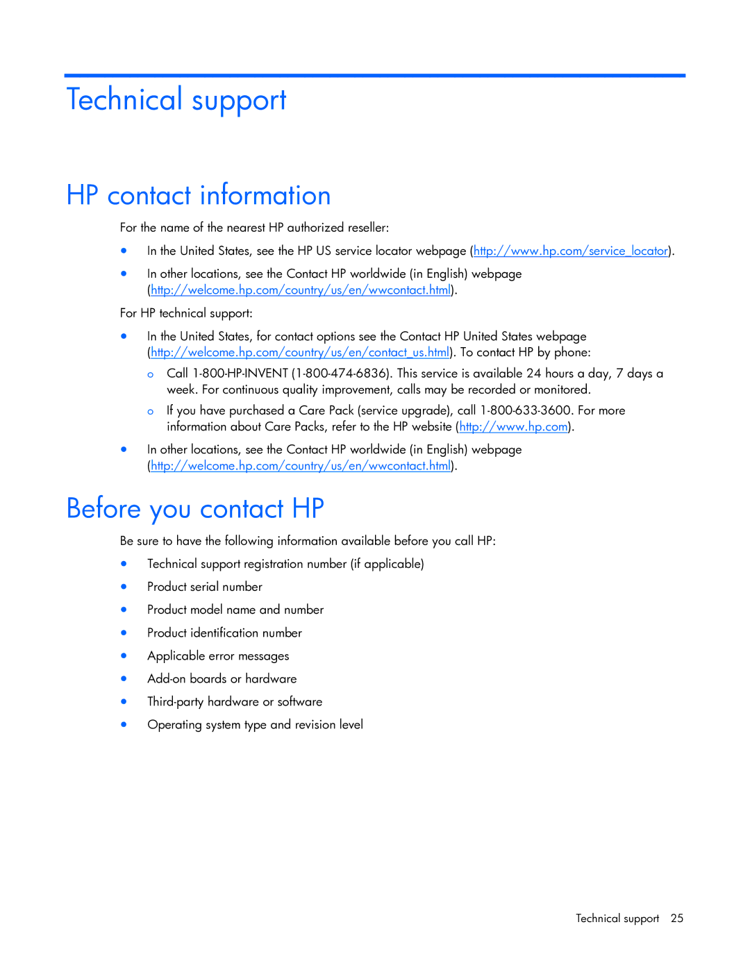 HP TFT7210R manual Technical support, HP contact information, Before you contact HP 