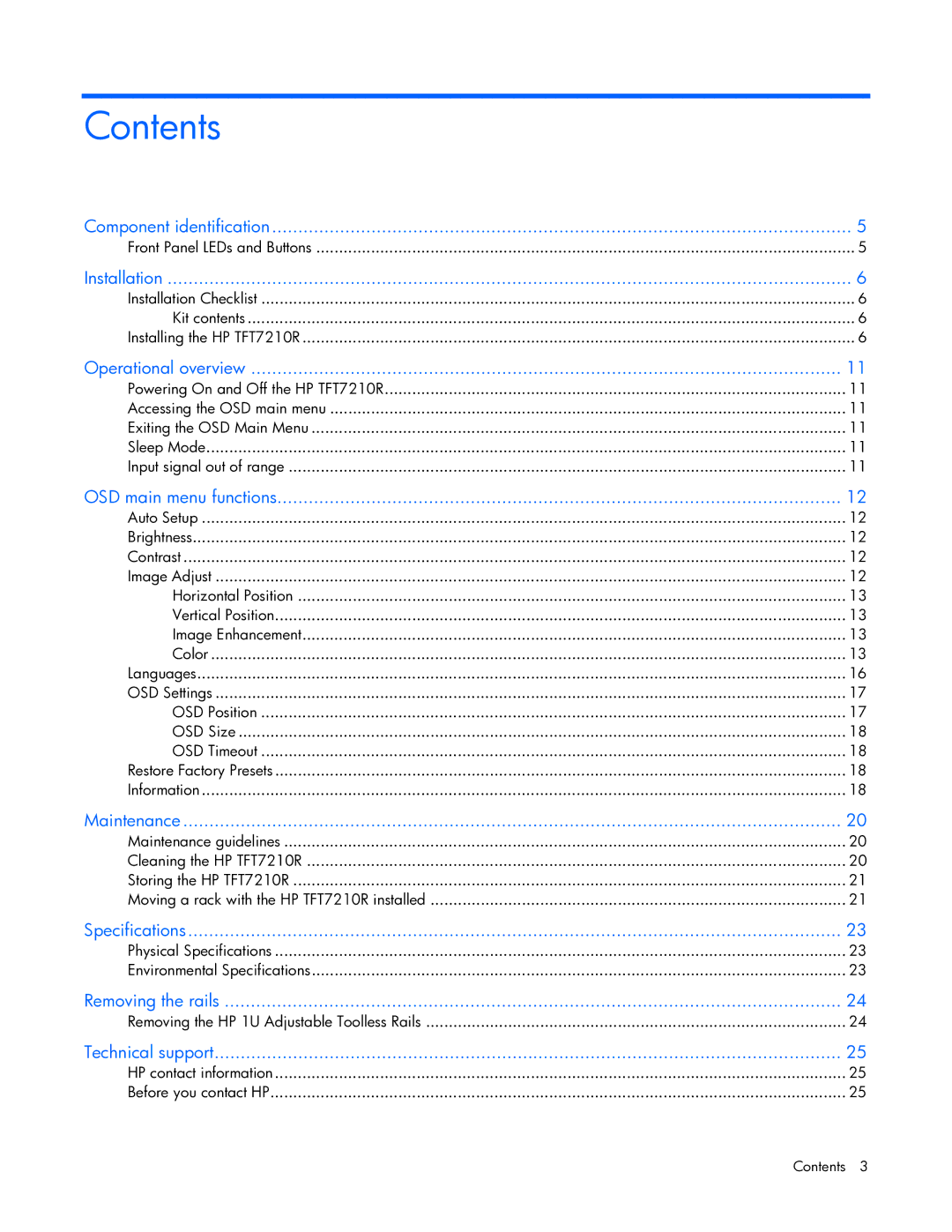 HP TFT7210R manual Contents 