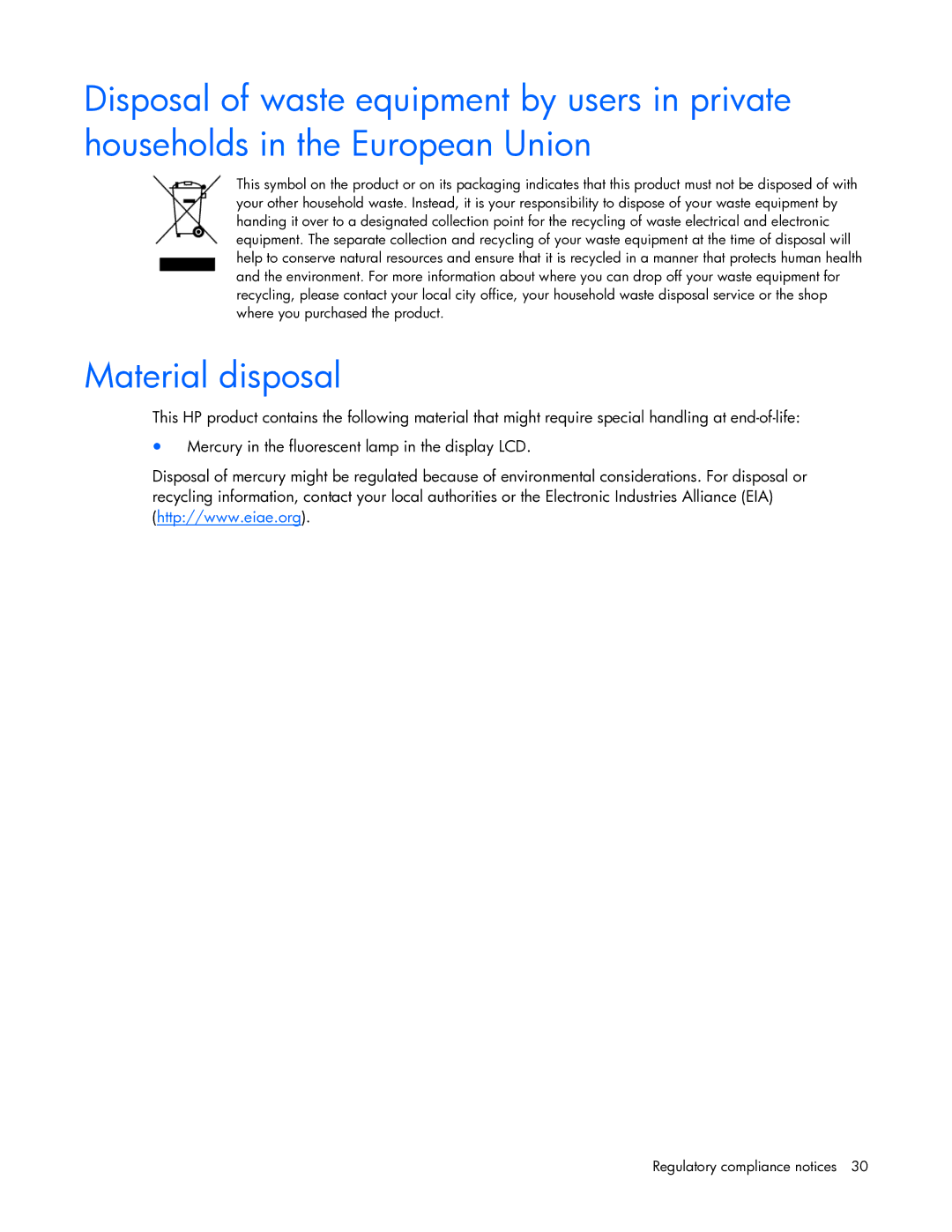 HP TFT7210R manual Material disposal 