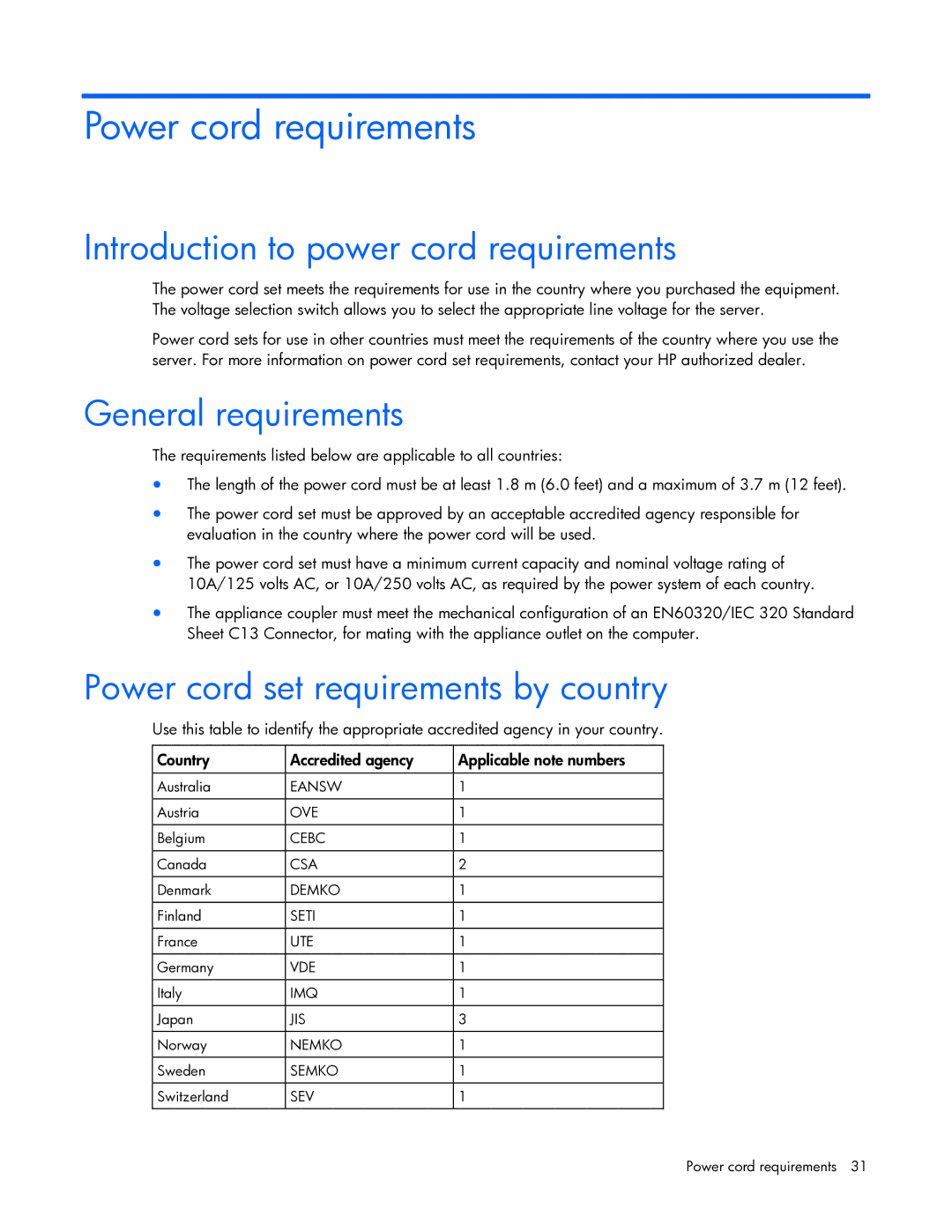 HP TFT7210R manual Power cord requirements, Introduction to power cord requirements, General requirements 