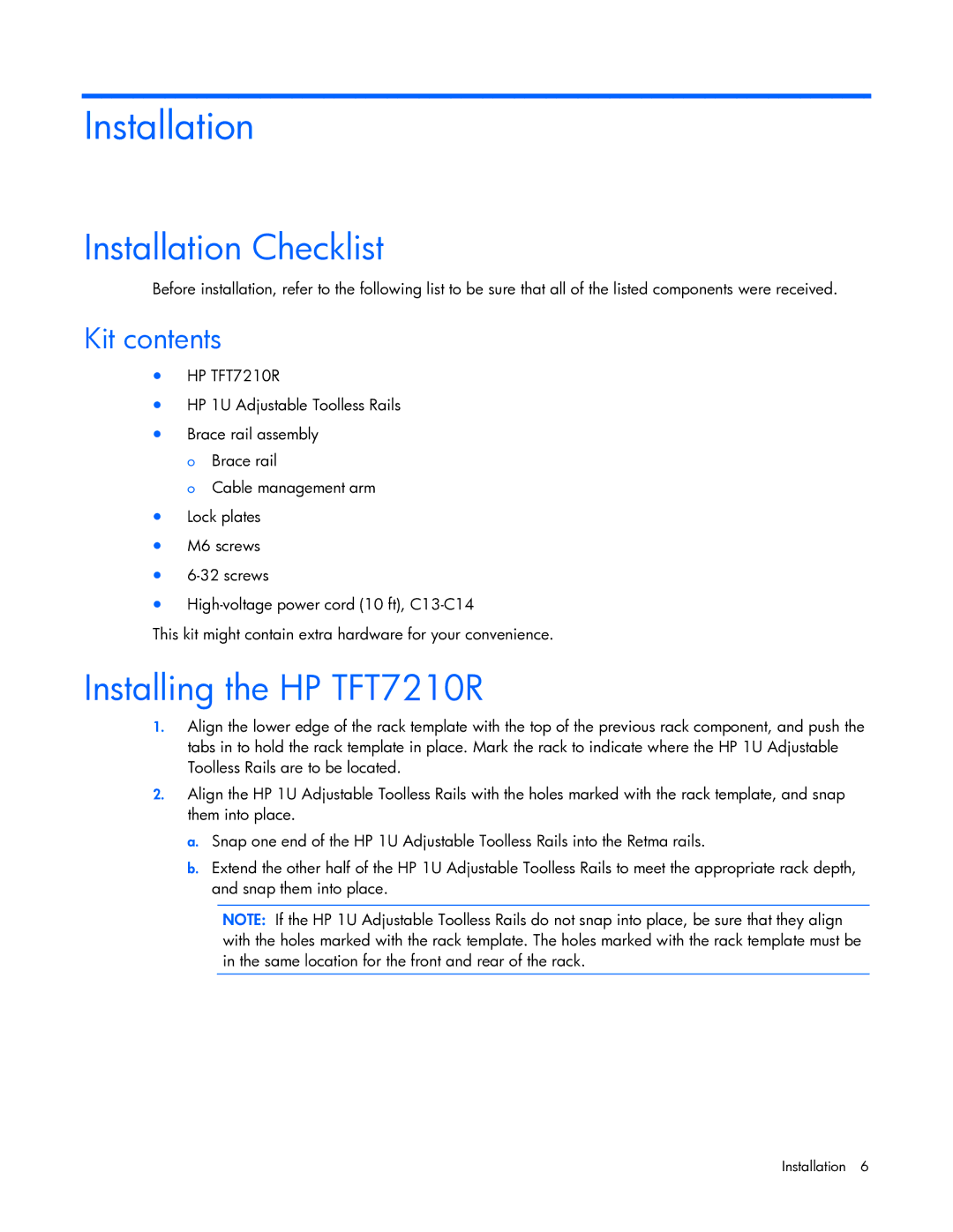 HP manual Installation Checklist, Installing the HP TFT7210R 