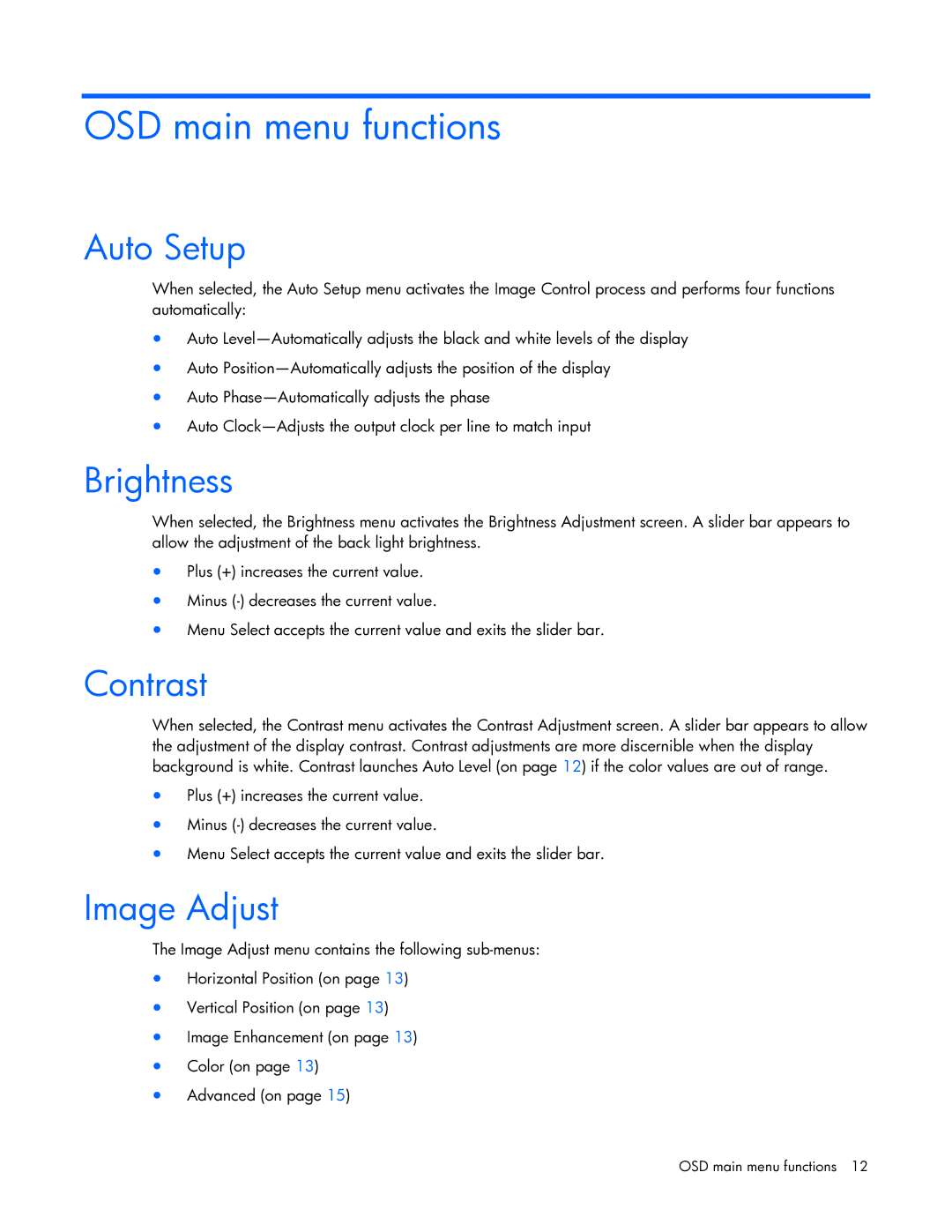 HP TFT7210R manual OSD main menu functions, Auto Setup, Brightness, Contrast, Image Adjust 