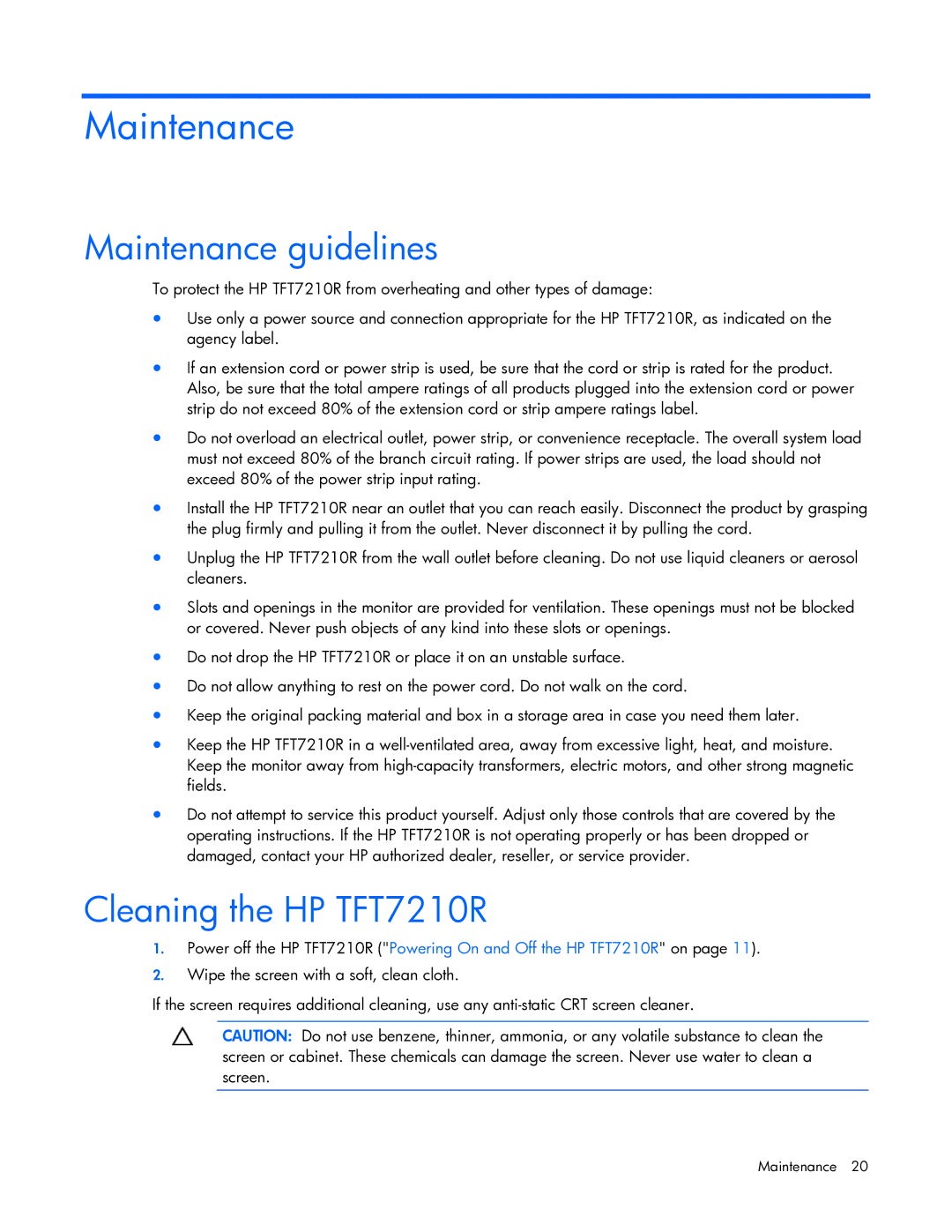 HP manual Maintenance guidelines, Cleaning the HP TFT7210R 