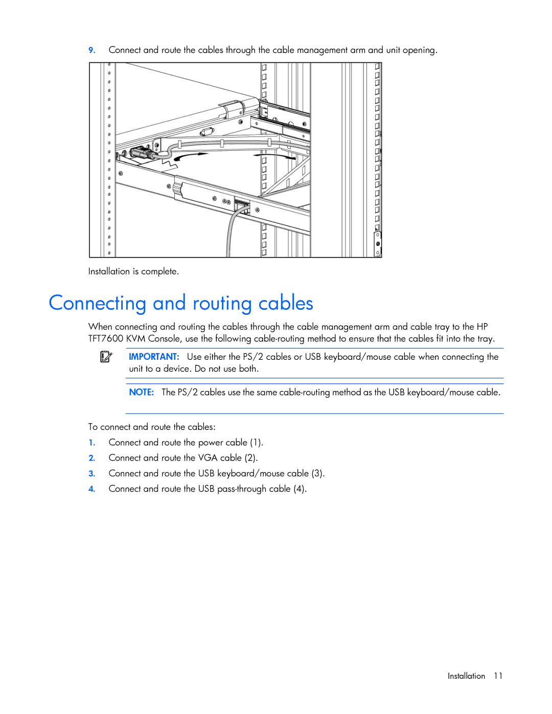 HP TFT7600 G2 manual Connecting and routing cables 