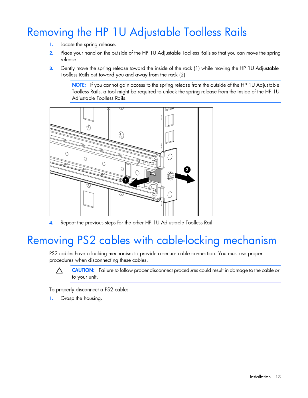 HP TFT7600 G2 manual Removing the HP 1U Adjustable Toolless Rails, Removing PS2 cables with cable-locking mechanism 