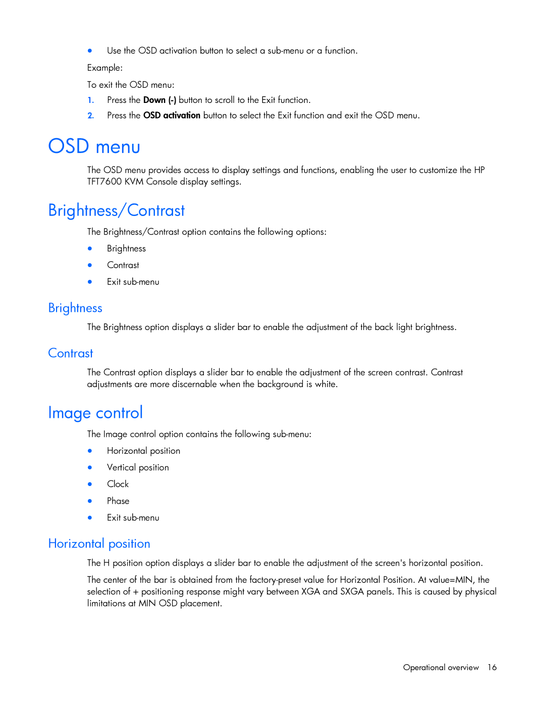 HP TFT7600 G2 manual OSD menu, Brightness/Contrast, Image control 