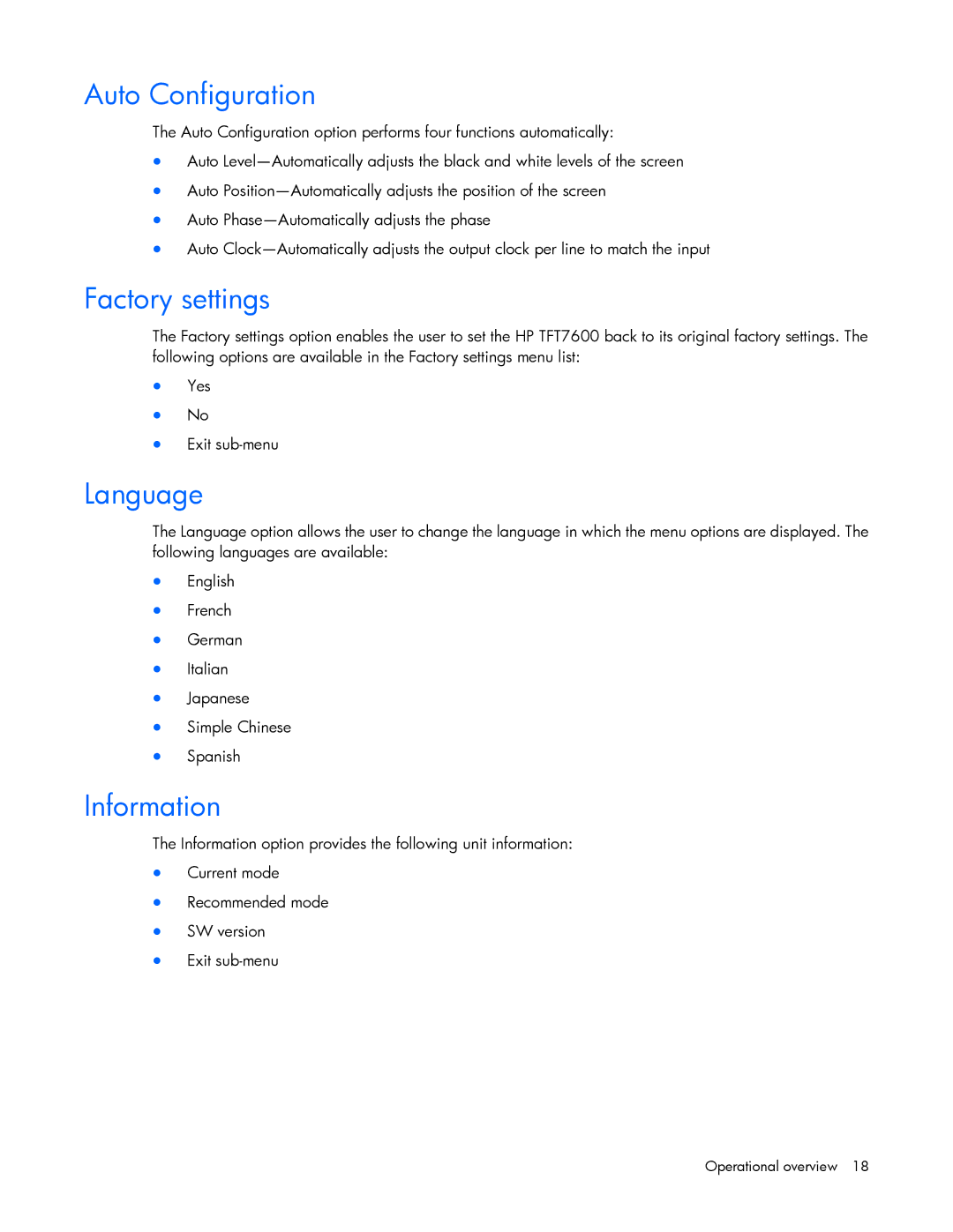 HP TFT7600 G2 manual Auto Configuration, Factory settings, Language, Information 