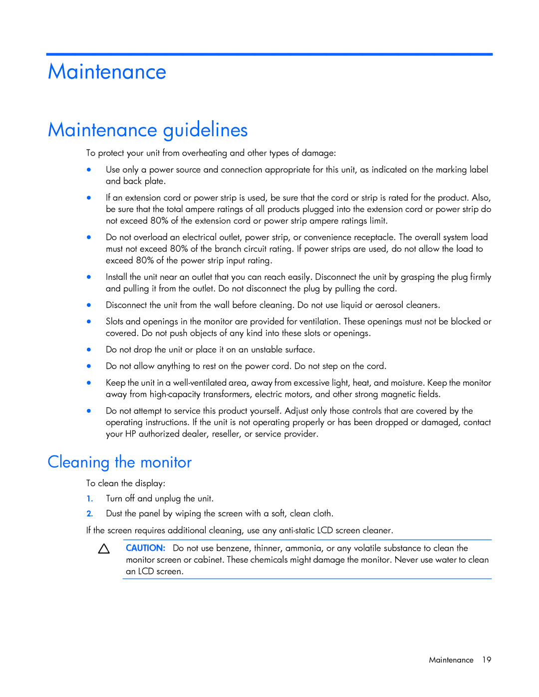 HP TFT7600 G2 manual Maintenance guidelines, Cleaning the monitor 