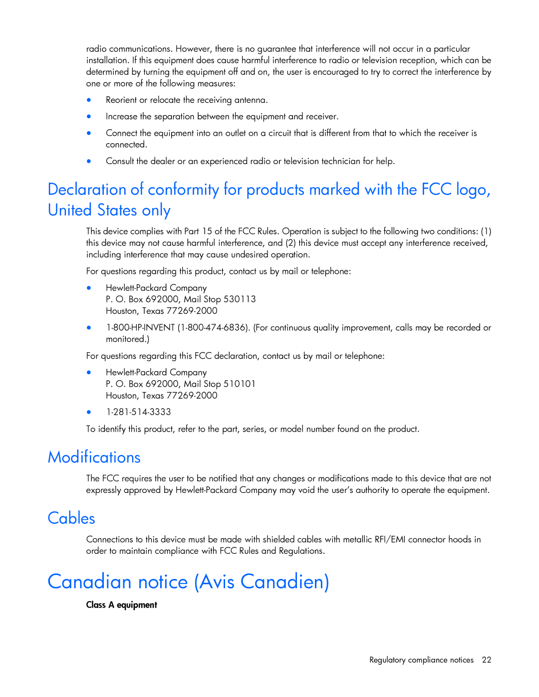 HP TFT7600 G2 manual Canadian notice Avis Canadien, Modifications, Cables 