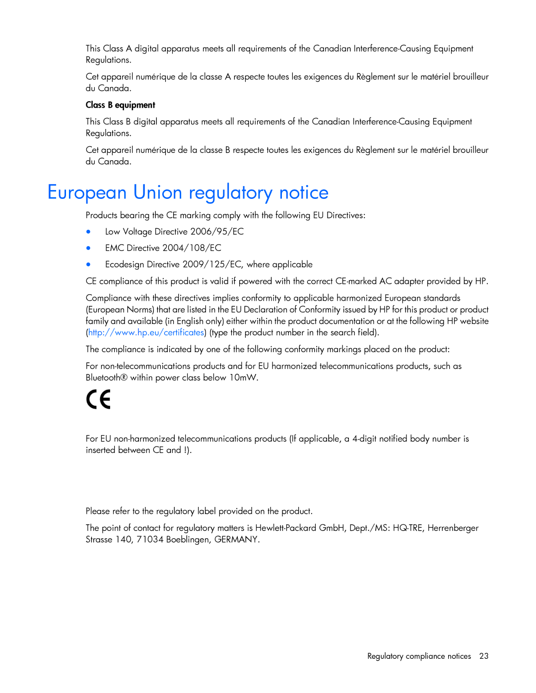 HP TFT7600 G2 manual European Union regulatory notice 