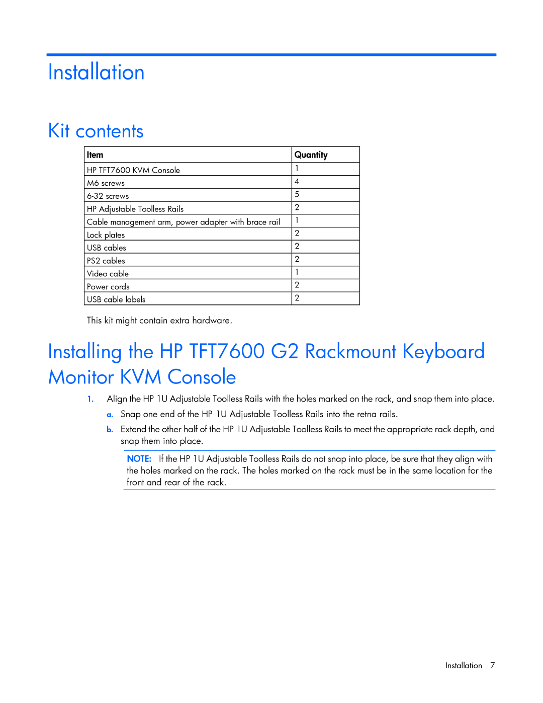 HP TFT7600 G2 manual Installation, Kit contents 