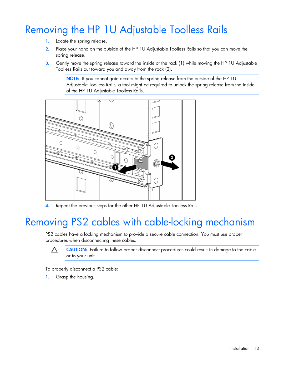 HP TFT7600 manual Removing the HP 1U Adjustable Toolless Rails, Removing PS2 cables with cable-locking mechanism 