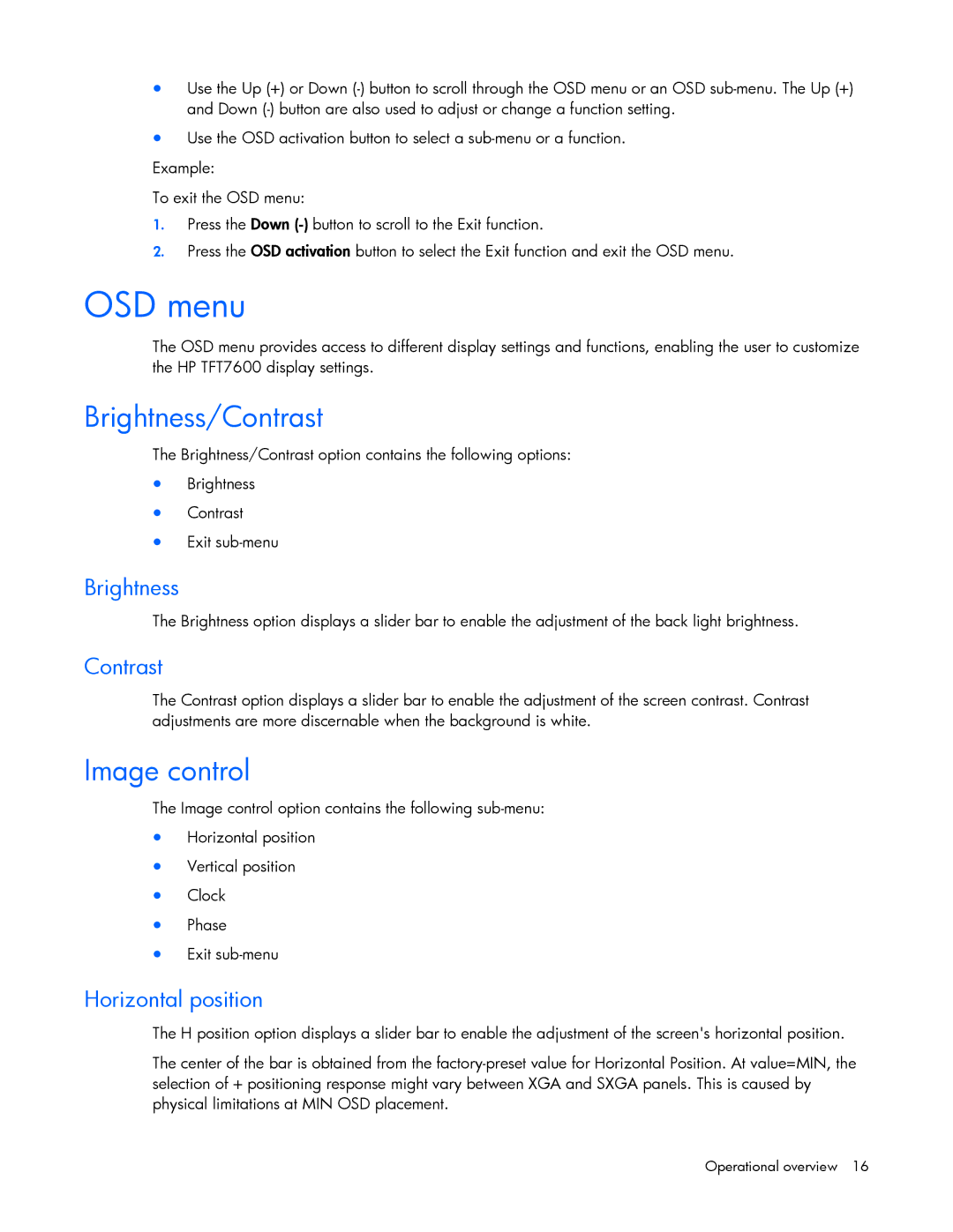 HP TFT7600 manual OSD menu, Brightness/Contrast, Image control 