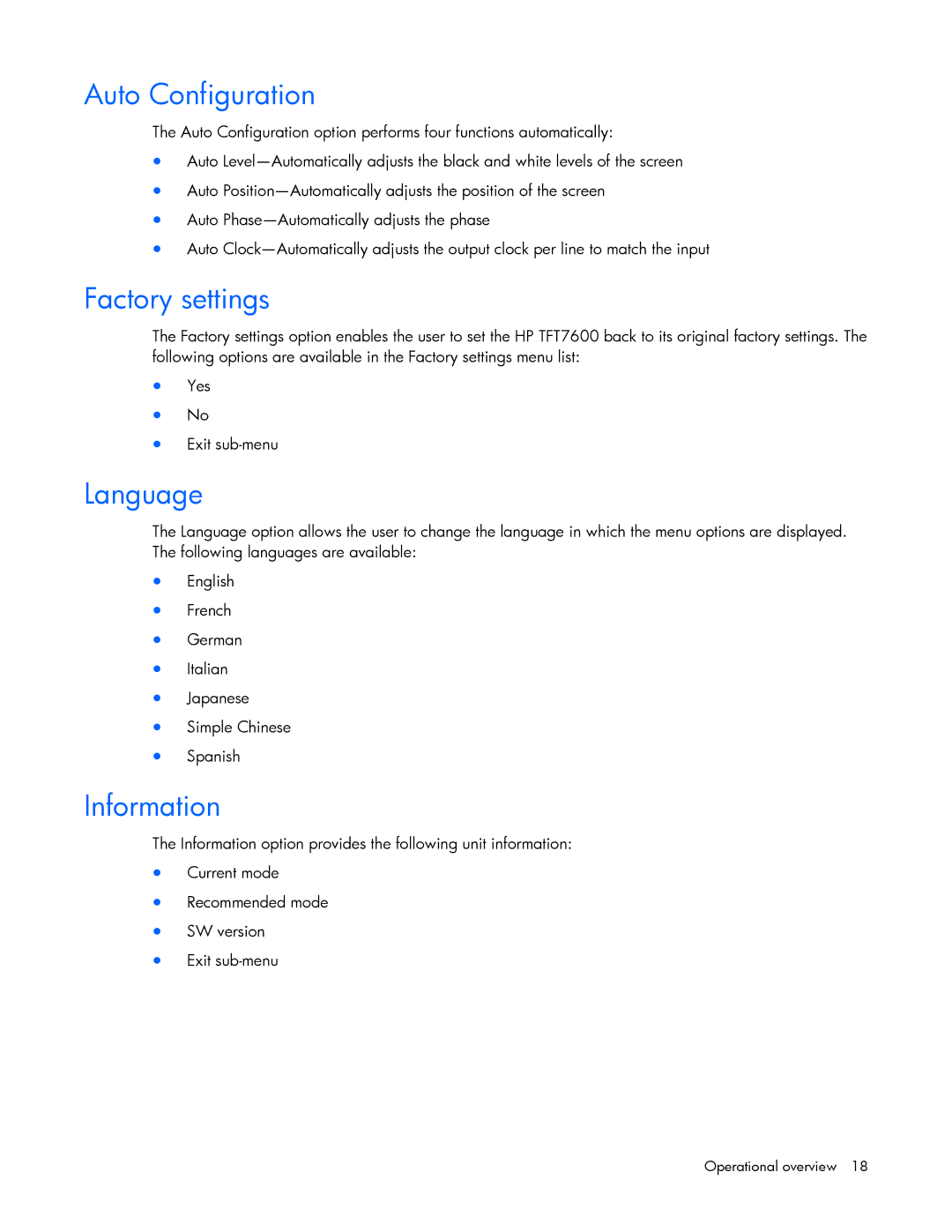 HP TFT7600 manual Auto Configuration, Factory settings, Language, Information 