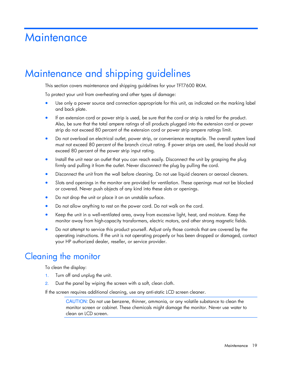 HP TFT7600 manual Maintenance and shipping guidelines, Cleaning the monitor 