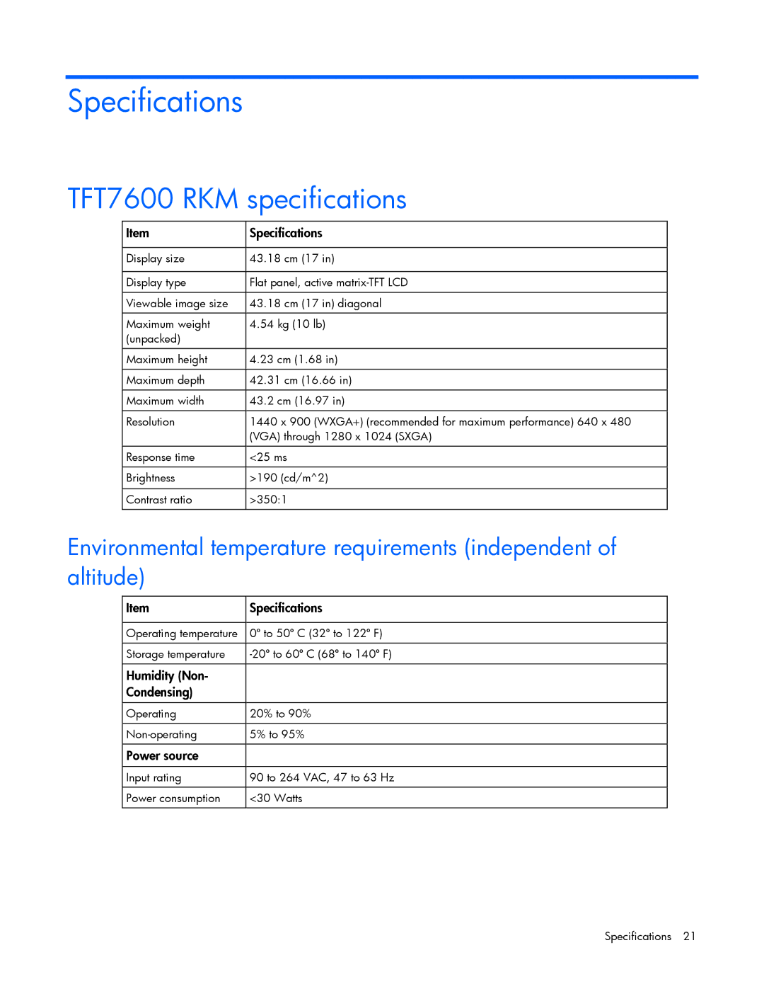 HP manual Specifications, TFT7600 RKM specifications 