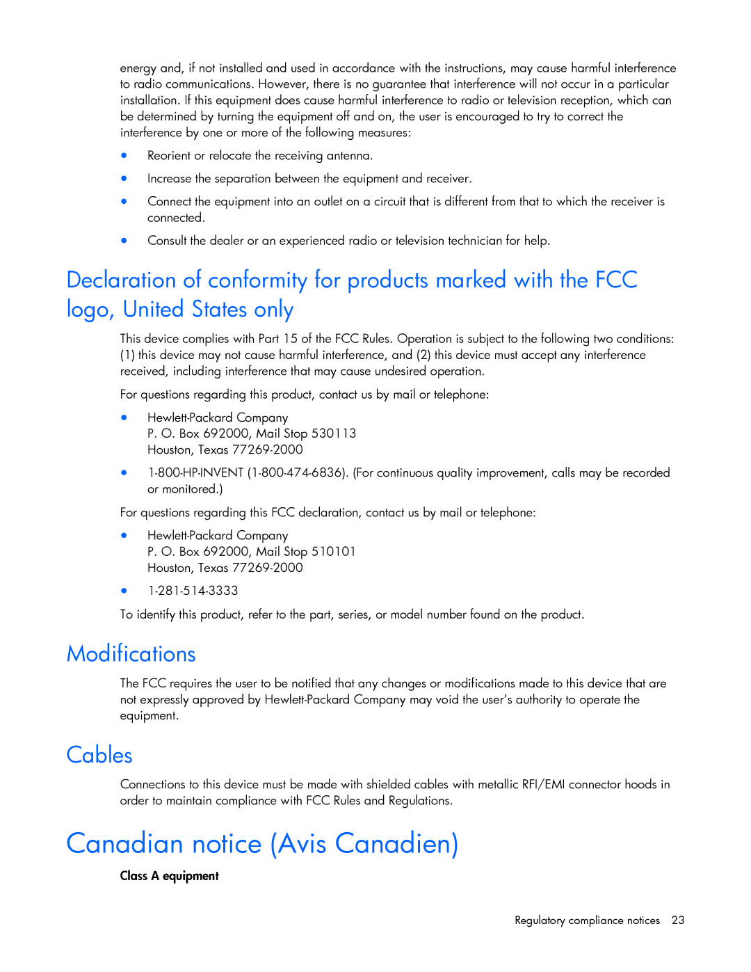 HP TFT7600 manual Canadian notice Avis Canadien, Modifications, Cables 