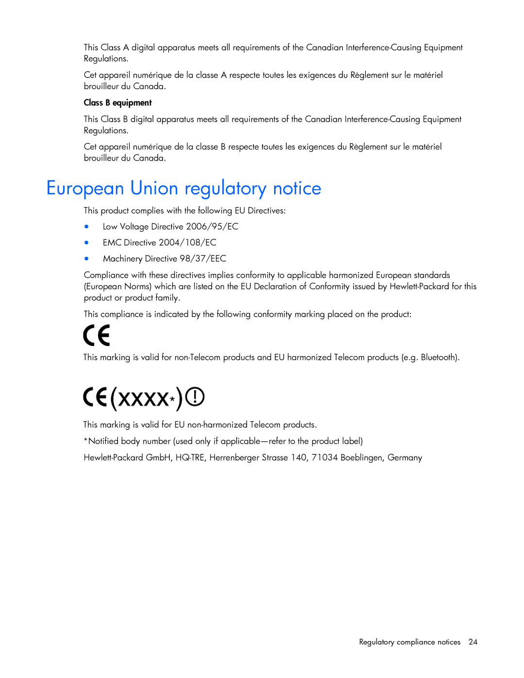 HP TFT7600 manual European Union regulatory notice 