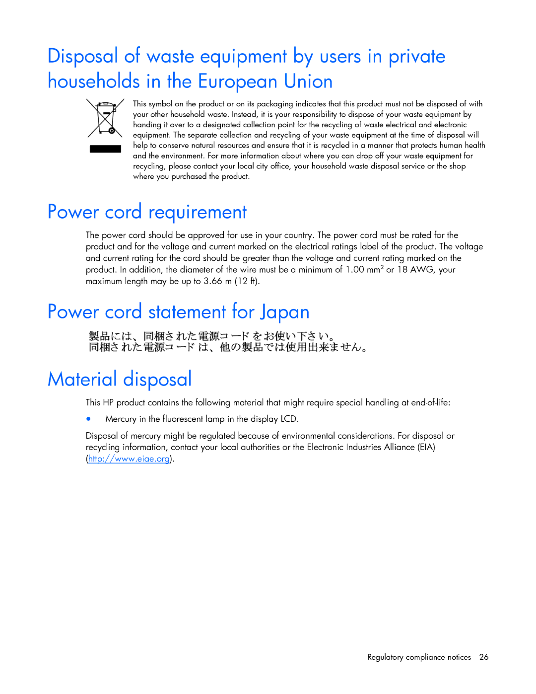 HP TFT7600 manual Power cord requirement, Power cord statement for Japan Material disposal 