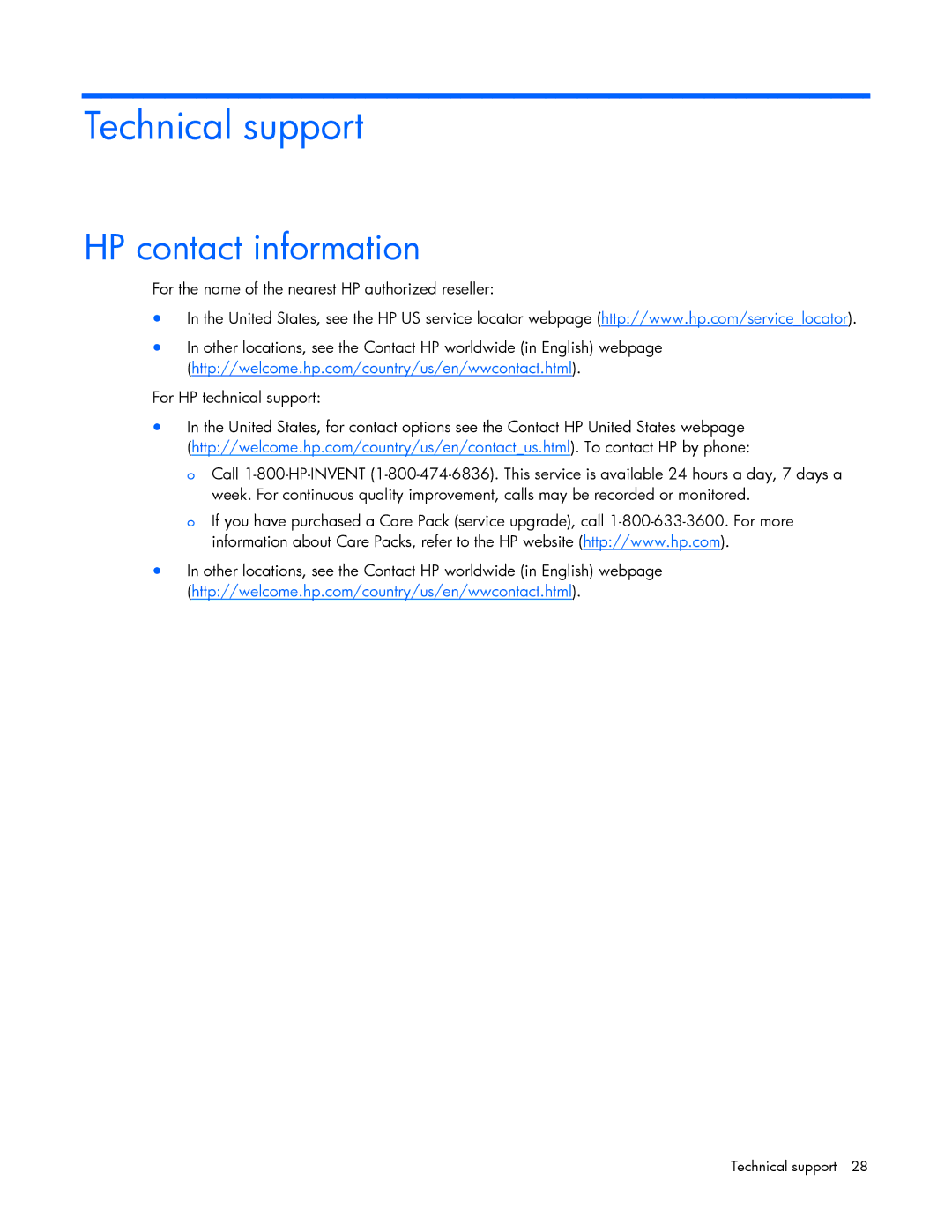 HP TFT7600 manual Technical support, HP contact information 