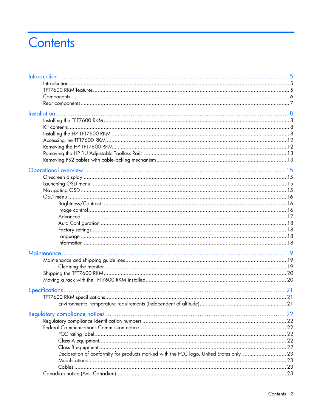 HP TFT7600 manual Contents 