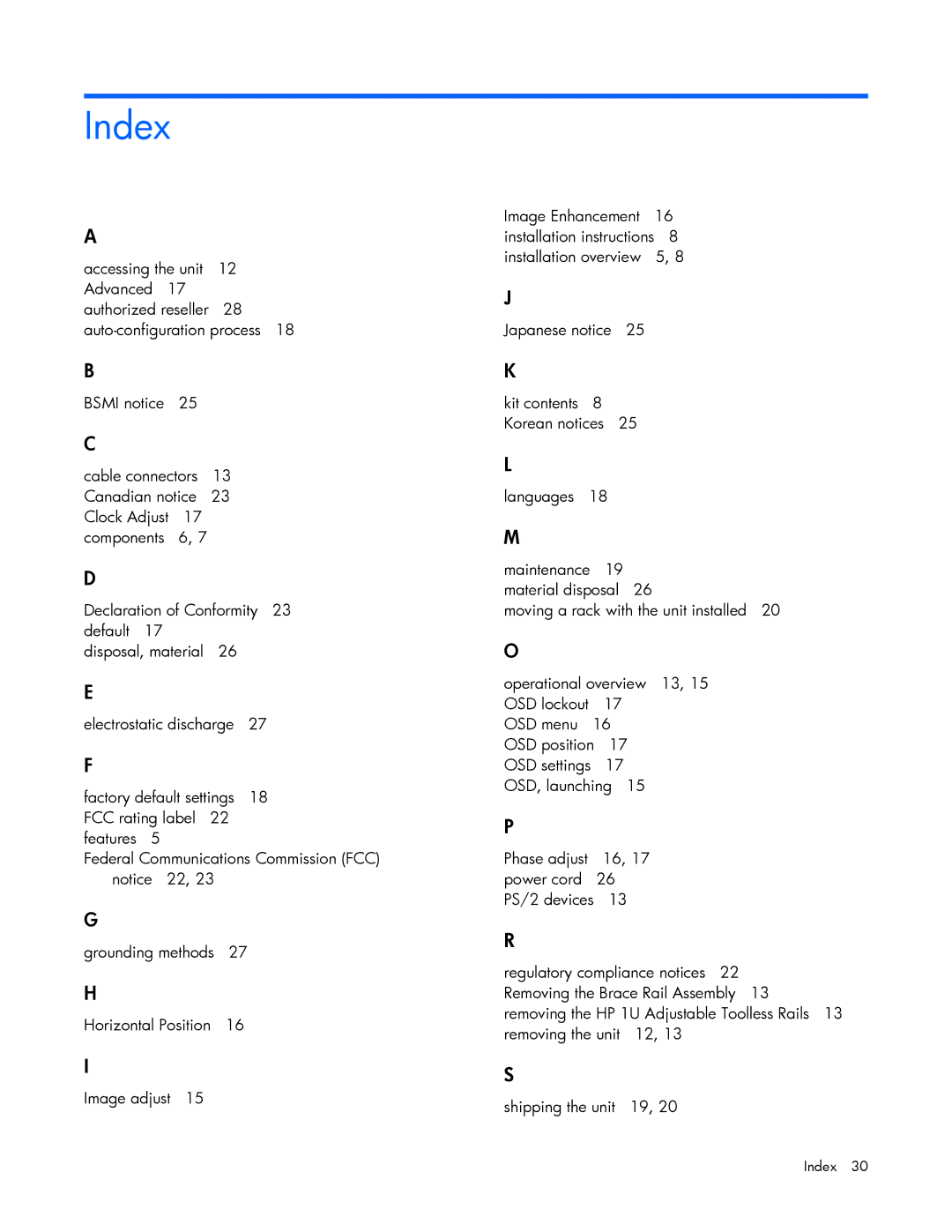 HP TFT7600 manual Index 