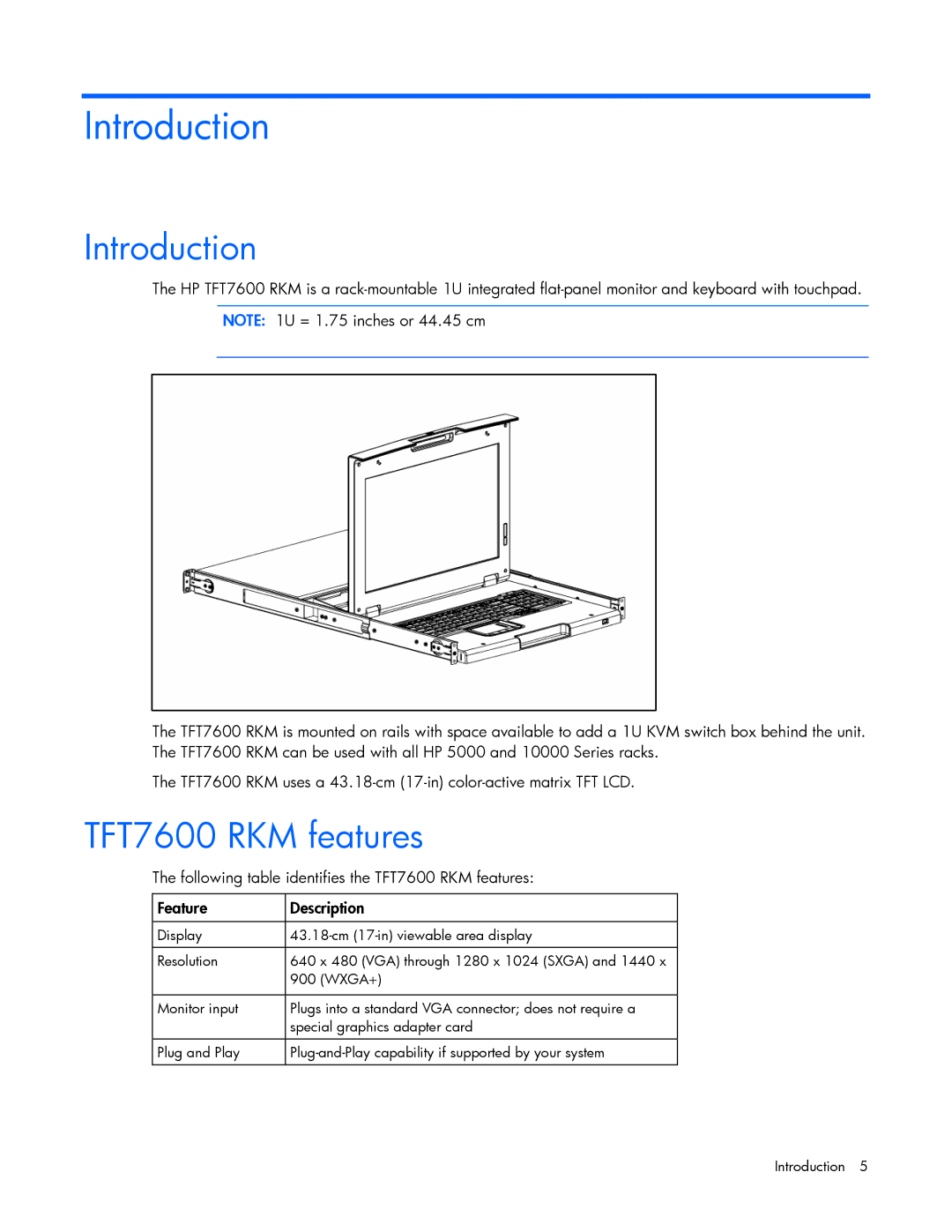 HP manual Introduction, TFT7600 RKM features 