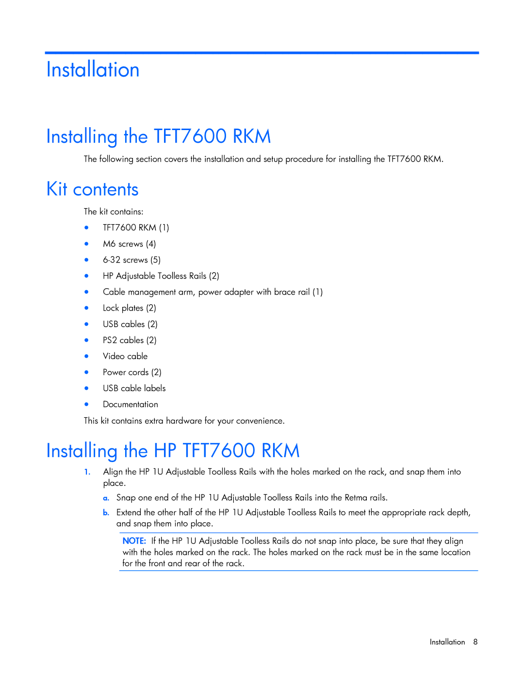 HP manual Installation, Installing the TFT7600 RKM, Kit contents, Installing the HP TFT7600 RKM 