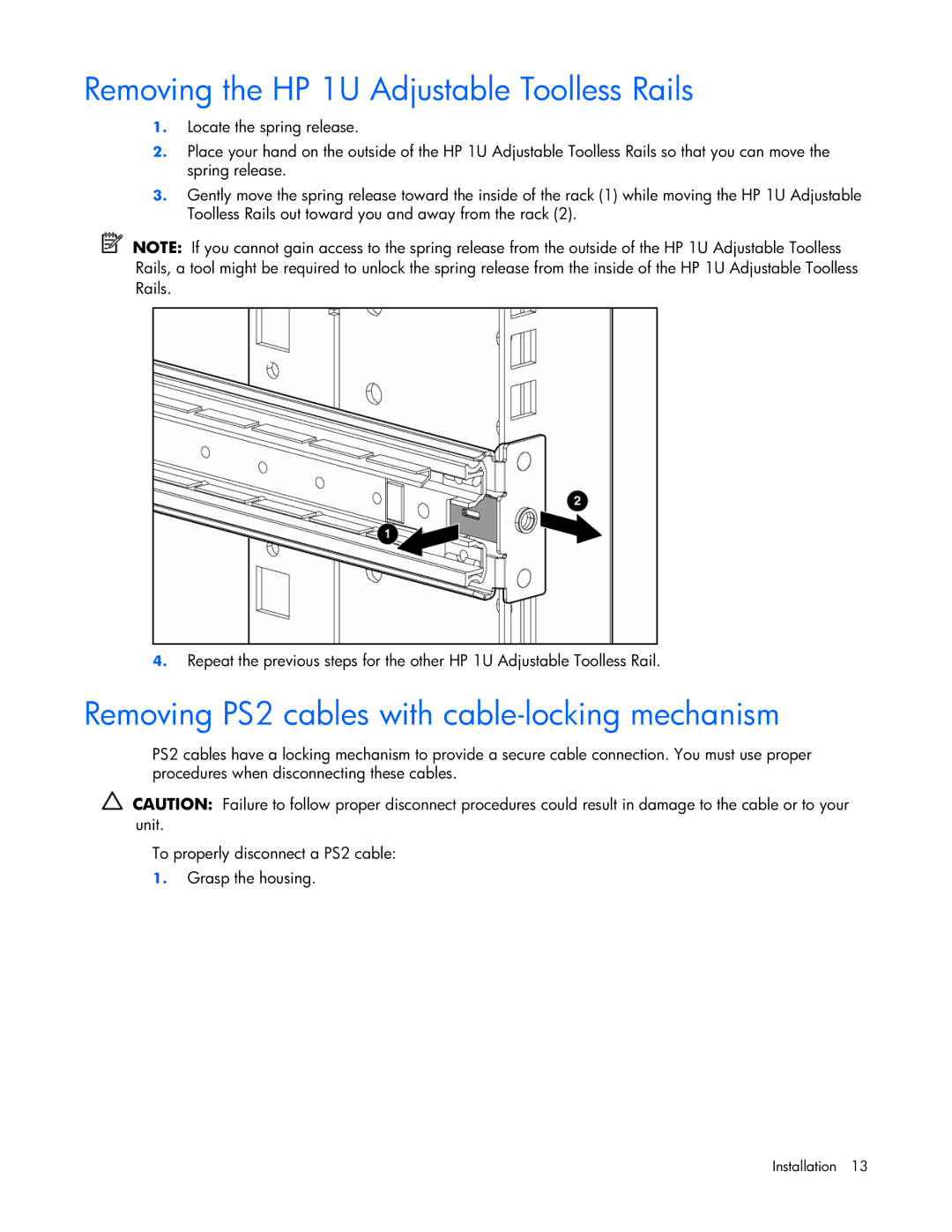 HP TFT7600 manual Removing the HP 1U Adjustable Toolless Rails, Removing PS2 cables with cable-locking mechanism 