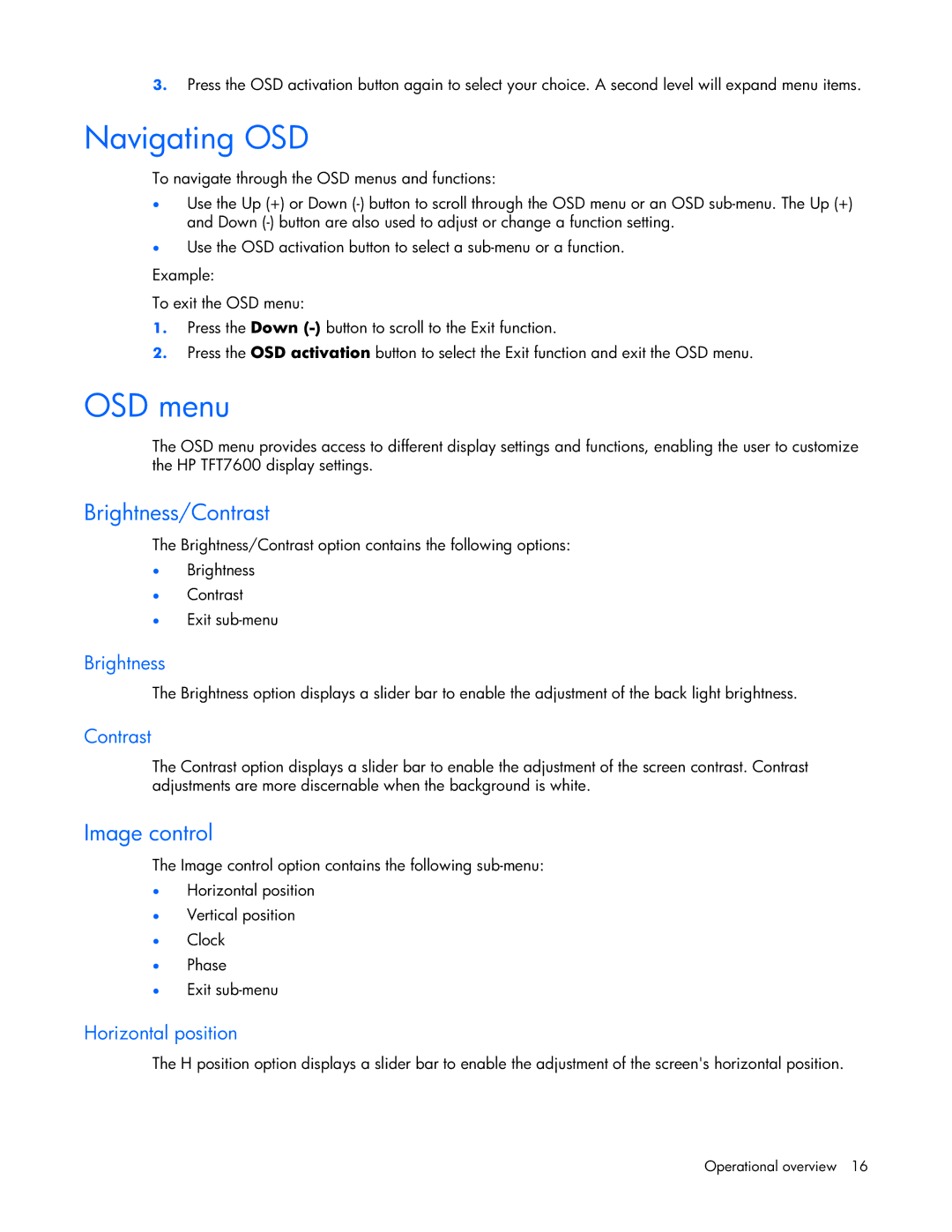 HP TFT7600 manual Navigating OSD, OSD menu, Brightness/Contrast, Image control 