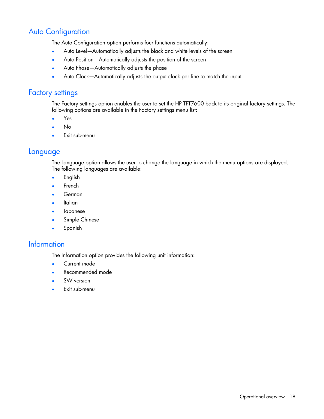 HP TFT7600 manual Auto Configuration, Factory settings, Language, Information 