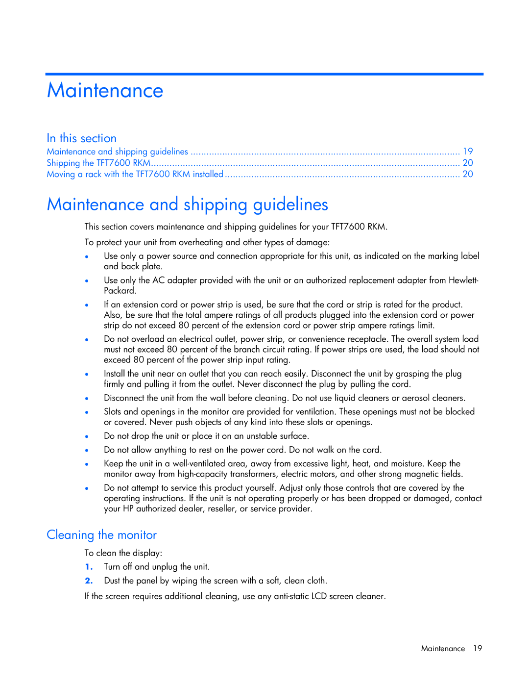 HP TFT7600 manual Maintenance and shipping guidelines, Cleaning the monitor 