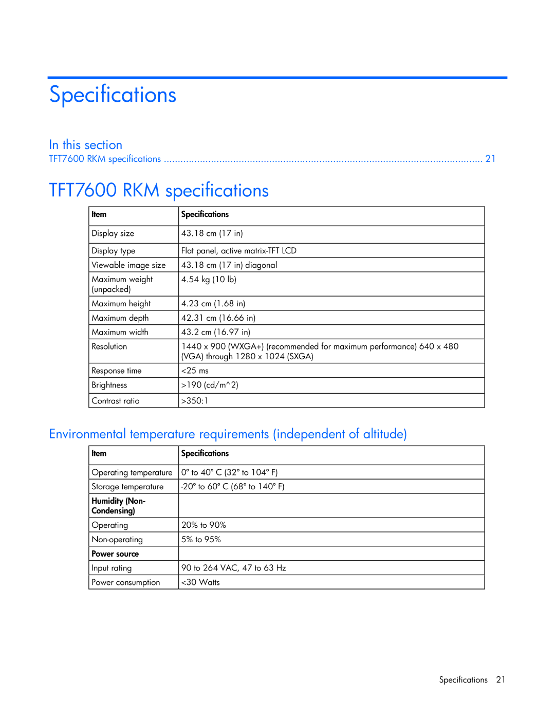 HP manual Specifications, TFT7600 RKM specifications 